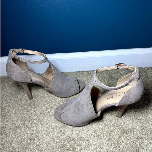 LC Lauren Conrad Cannoli Gold Snaps Peep Toe Ankle Strap Stiletto Pumps Taupe 7 - Picture 4 of 8